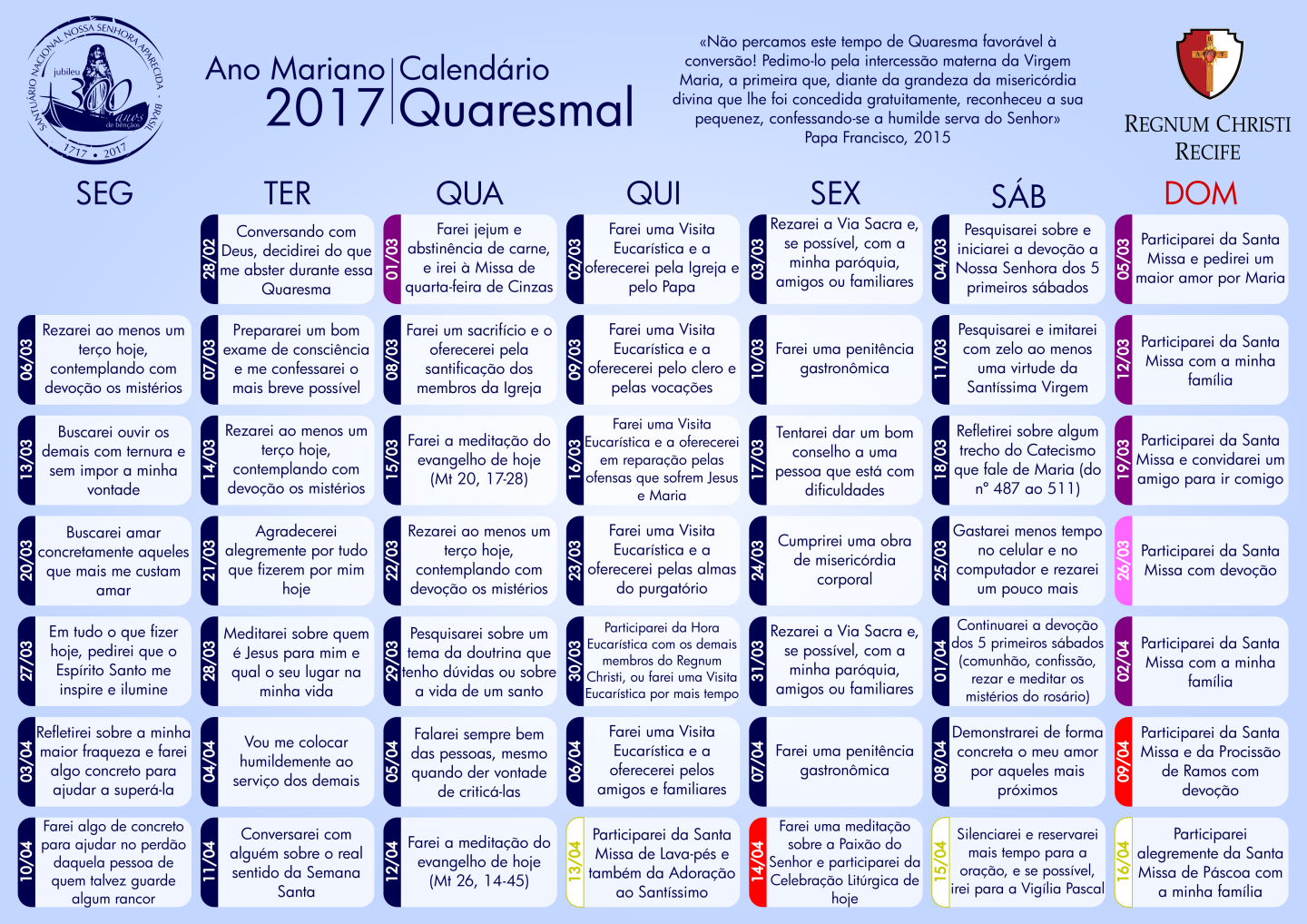 Calendário Quaresmal 2017: um propósito para cada dia! - Encontro com ...