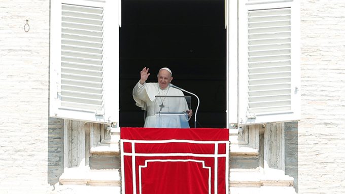 Pope Francis leads the Regina Coeli prayer from his window at St. Peter’s Square
