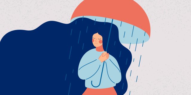 Depressed,Woman,Holds,An,Open,Umbrella,,Which,Does,Not,Save