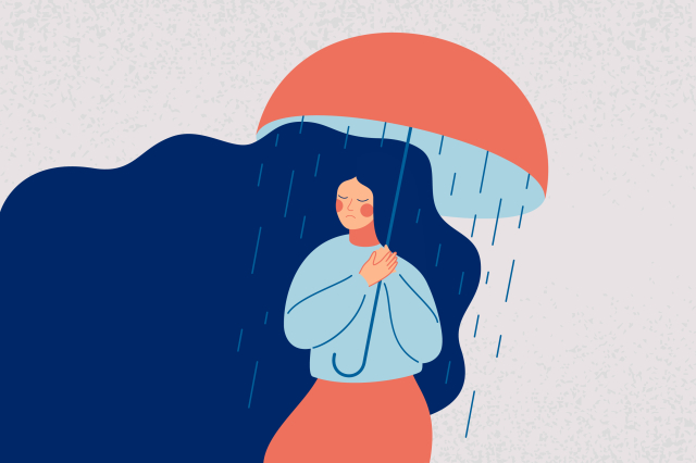 Depressed,Woman,Holds,An,Open,Umbrella,,Which,Does,Not,Save