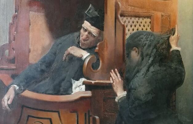 Mulher se confessando com sacerdote.