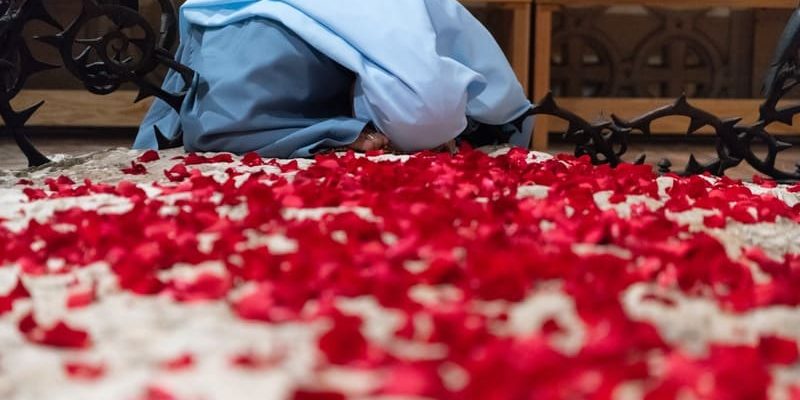 preciosissimo-sangue-de-cristo Religiosa usando hábito azul curvando-se sobre chão coberto de pétalas de rosas vermelhas.