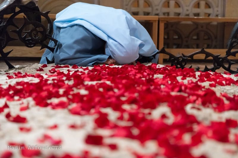 preciosissimo-sangue-de-cristo Religiosa usando hábito azul curvando-se sobre chão coberto de pétalas de rosas vermelhas.