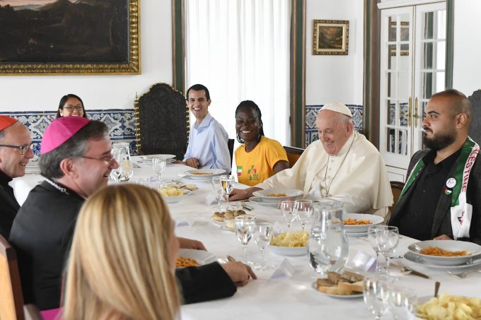PORTUGAL – POPE FRANCIS DURING LUNCH WITH YOUTH AT THE APOSTOLIC NUNCIATURE  IN LISBON  – 2023/8/4